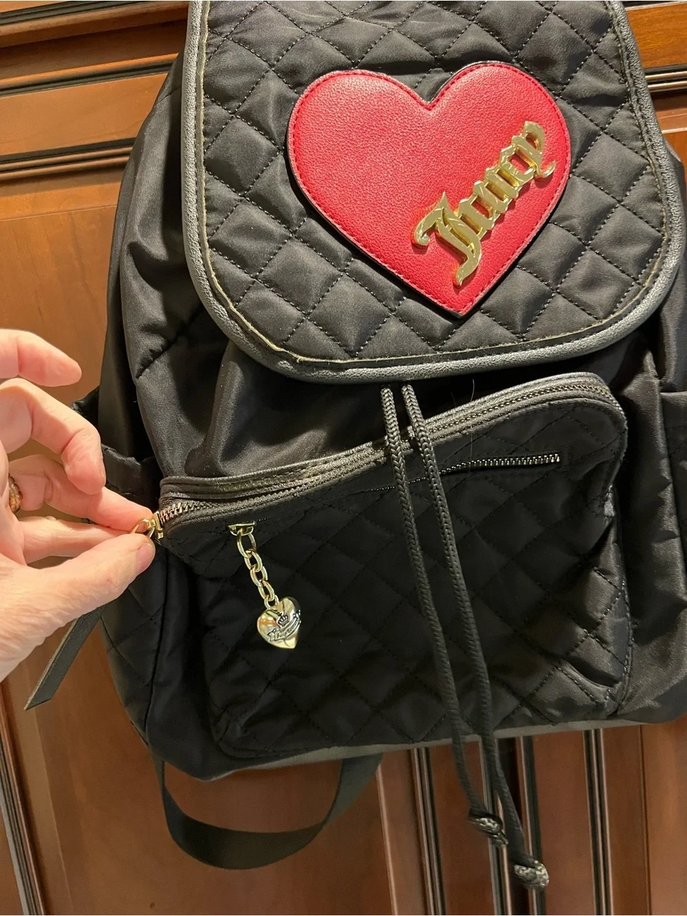 Juicy Couture Vintage Quilted Black Backpack w/Heart Patch Snap Flap Closure